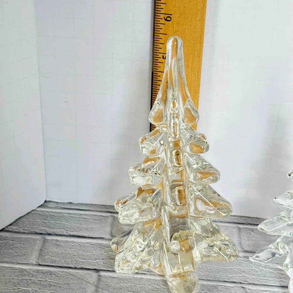 Vtg Clear Art Glass Christmas Tree Figurines Set of 2 Hand Blown 6